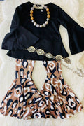 Black knit ruffle long sleeve top pant girls set