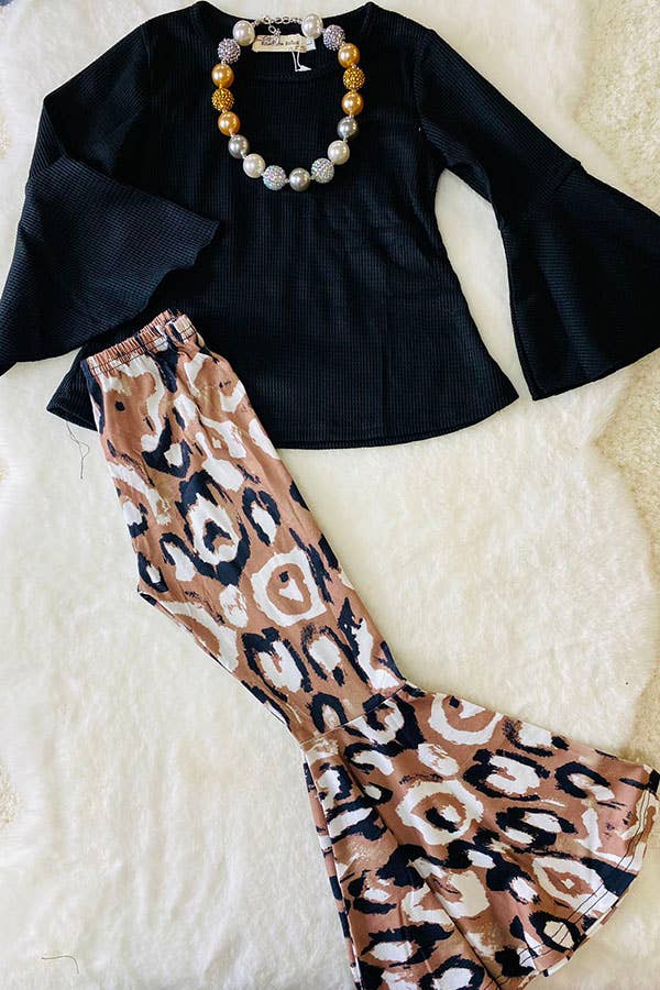 Black knit ruffle long sleeve top pant girls set