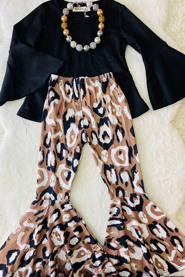 Black knit ruffle long sleeve top pant girls set