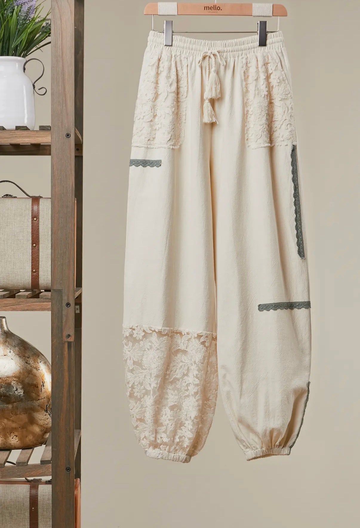 Cream Bohemian Joggers with Floral Lace Accents