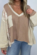 V-Neck Top with Floral Patchwork Sleeves