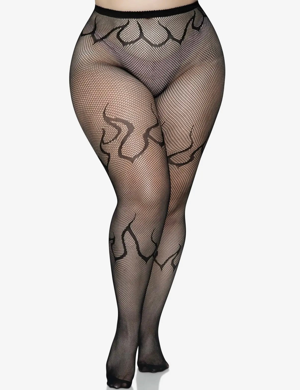 Black Fishnet Tights with Graphic Flame Pattern