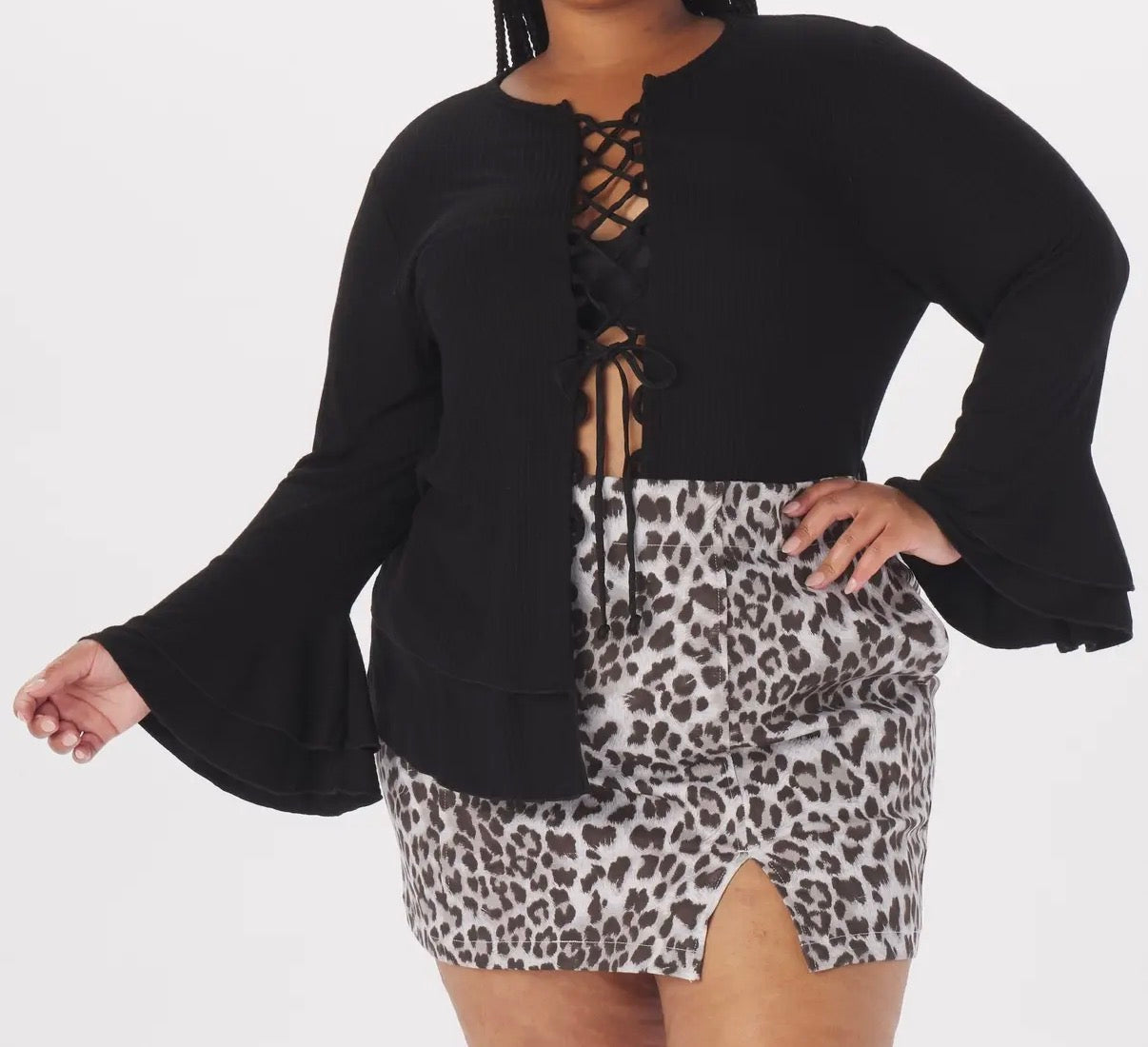 Black Lace-Up Top with Bell Sleeves