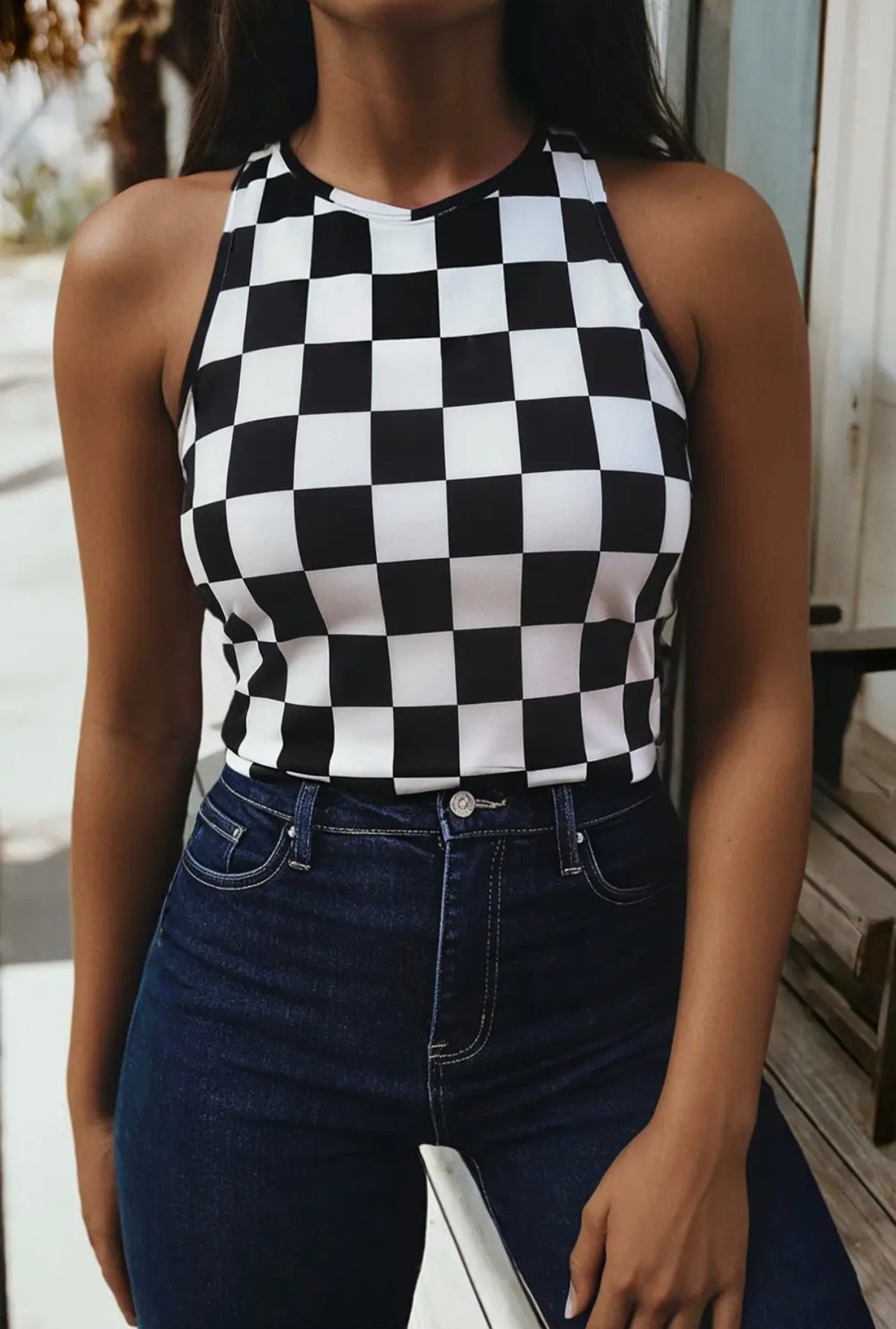 Black and White Checkerboard Halter Neck Top